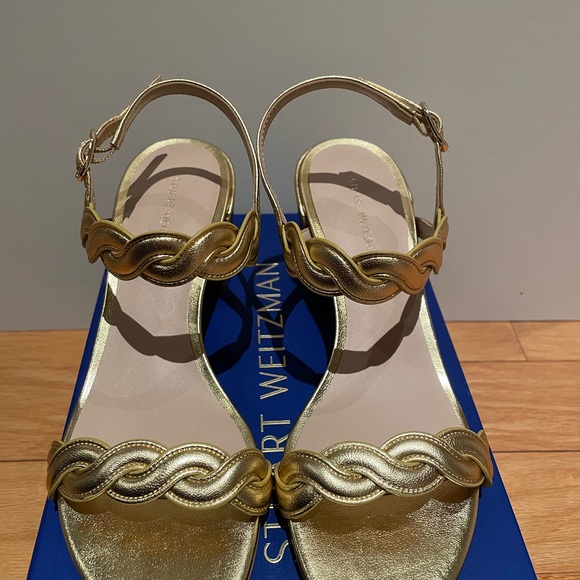 New Stuart Weitzman Twistie Gold Block Sandal Sz 6.5 - Picture 6 of 6